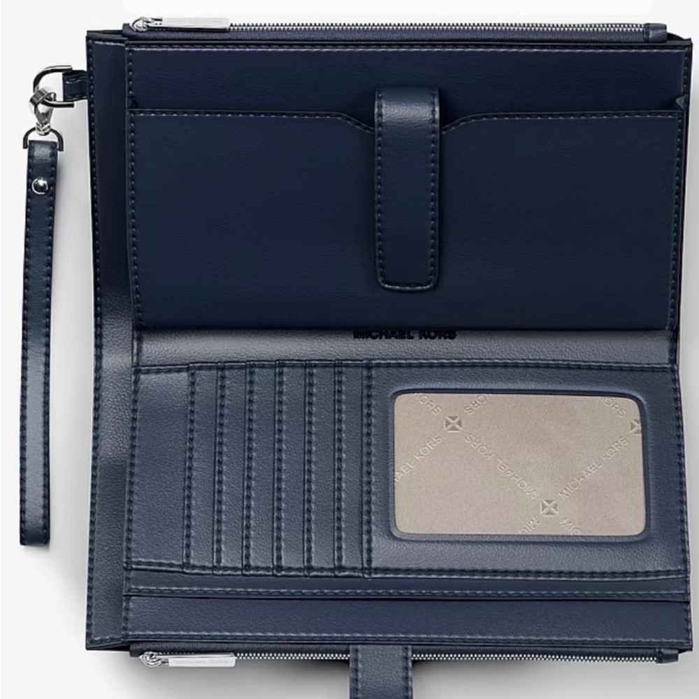 MICHAEL KORS JST Lg Double Zip Printed Sign Logo Wristlet Wallet Navy - Picture 2 of 6